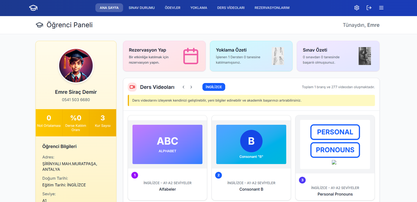 Rezervasyon sistemi ana ekranı